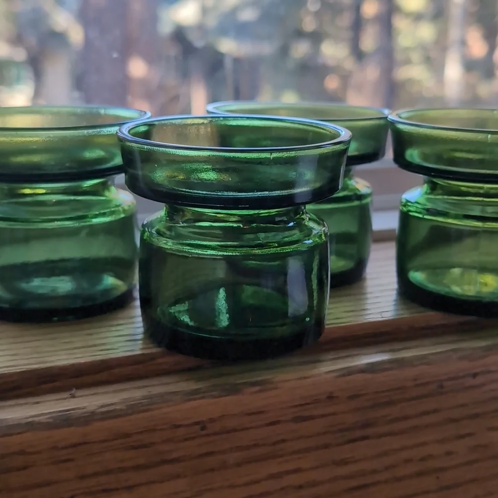 4 Vintage DANSK DESIGN DENMARK Green Glass Candle Holders Mid Century Modern 60s
